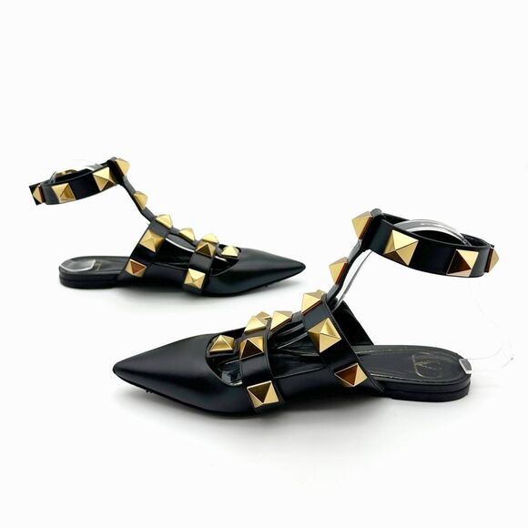 VALENTINO Roman Rockstud Black Gold Cage Flat 38.5 Pointed Toe Leather Gladiator - Picture 9 of 15